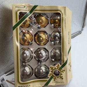Vintage Pyramid Glass Christmas Ornaments Box 12 USA Silver & Gold Rauch